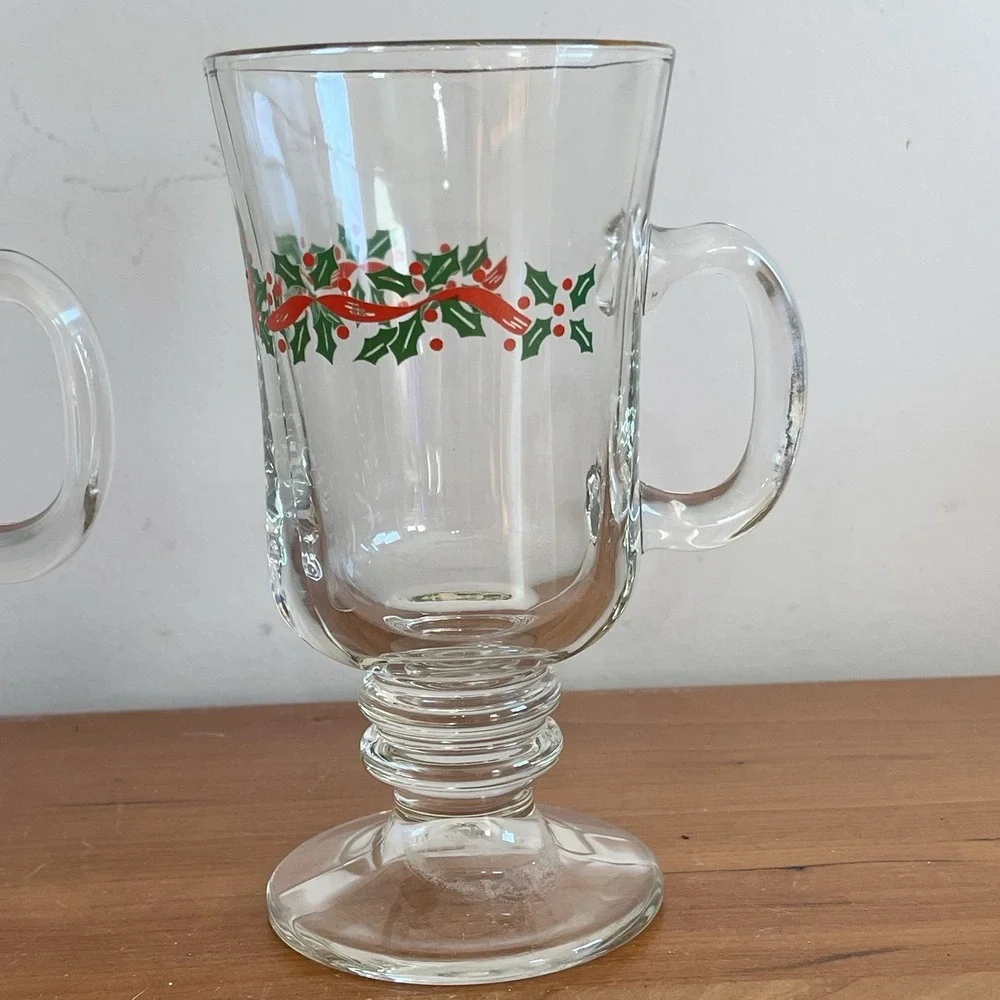 Set Of 2 Vintage Libbey Irish Coffee Mugs Christmas Holly Berry Ribbon Gold Band